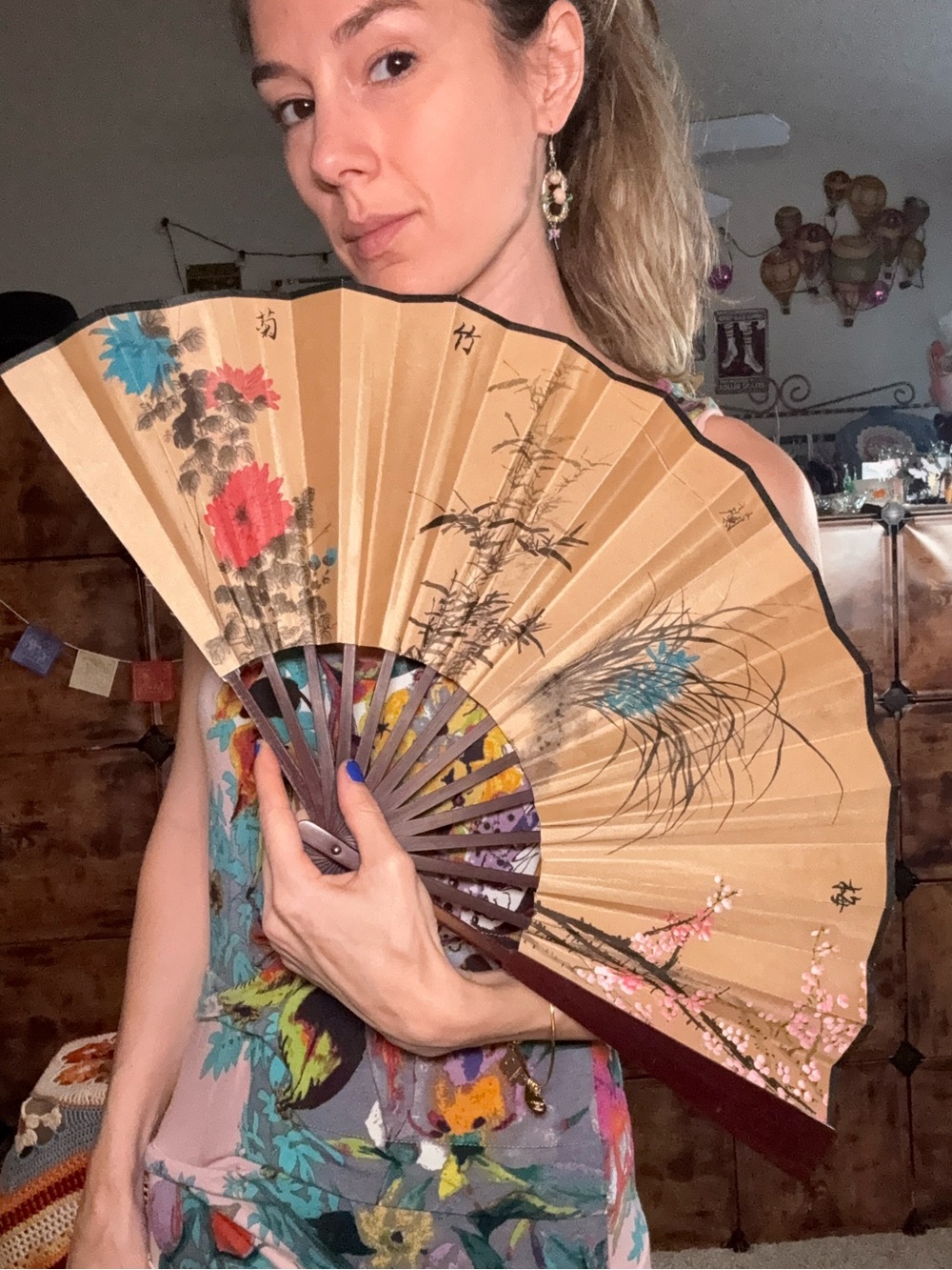 Vintage Beige Folding Fan with Red and Blue Floral Accents
